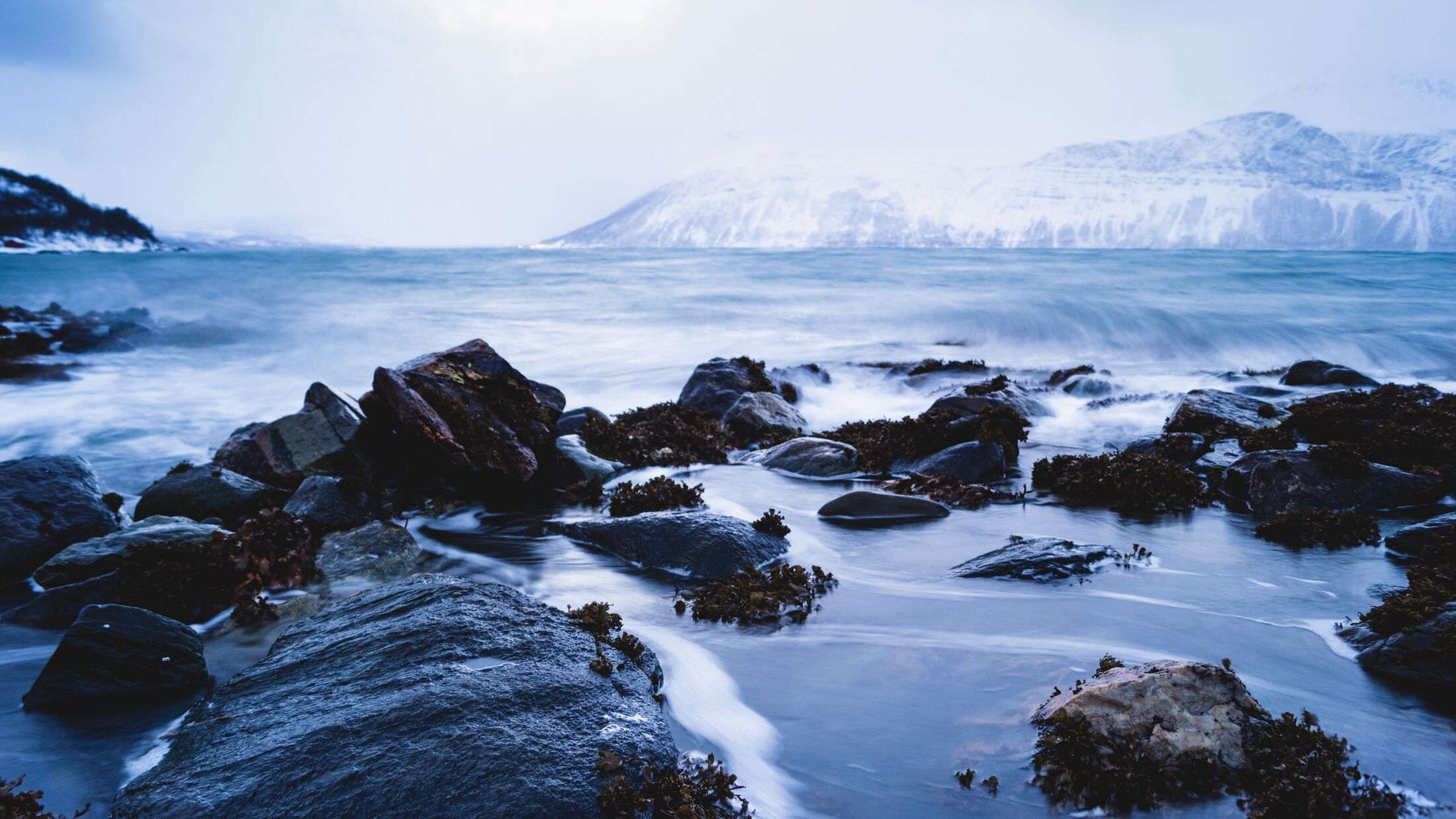 Nordic coastline with waves and snow-covered mountains